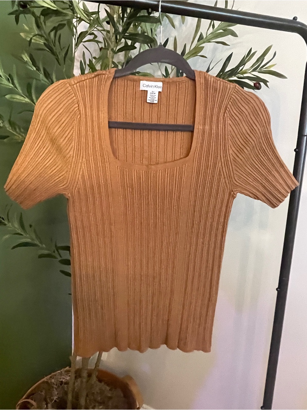Calvin Klein Camel Ribbed Short-Sleeve Square Neck Top